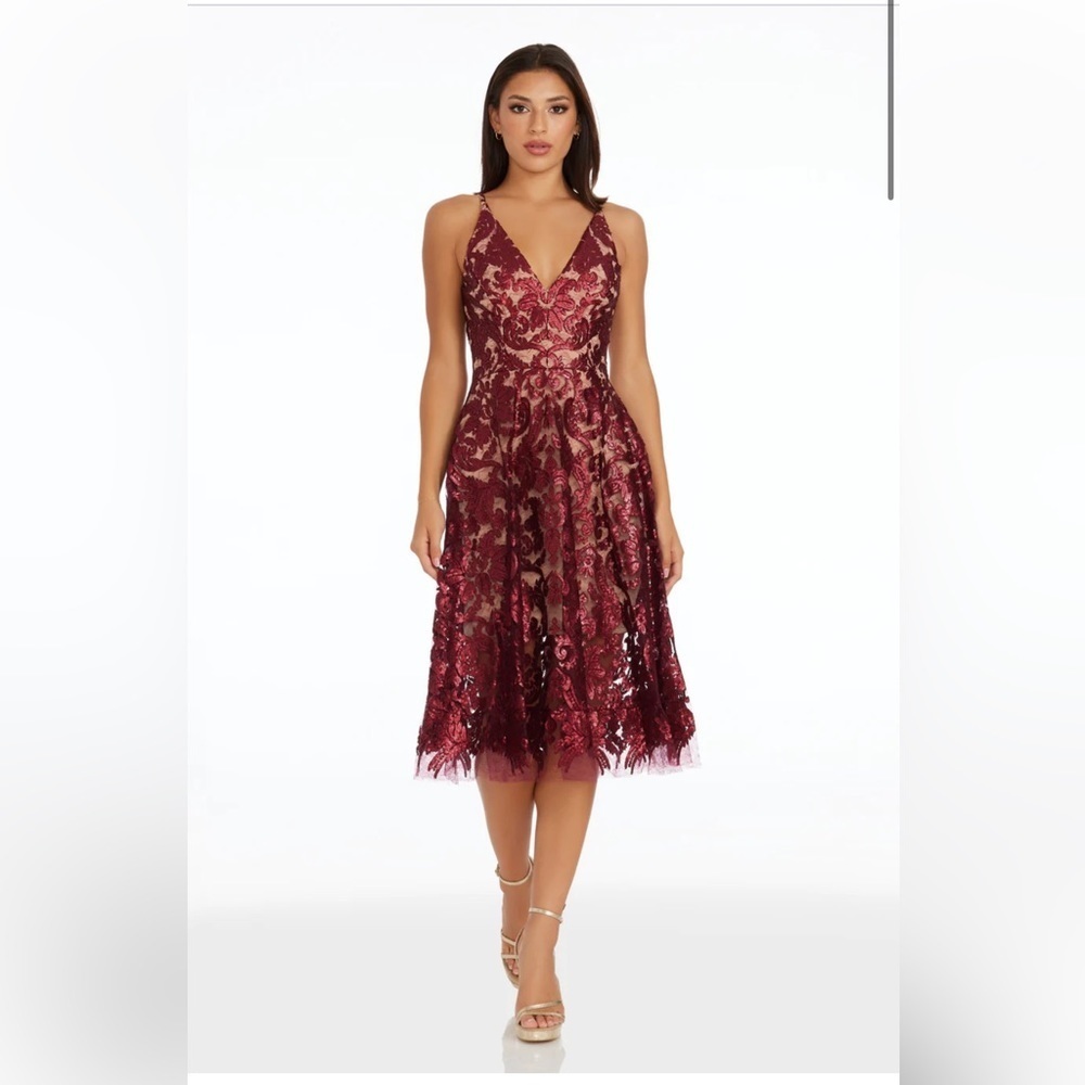 Dress the Population Blair Floral Sequin Lace Overlay Midi Dress Maroon